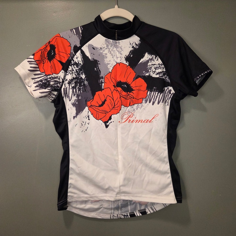 Primal Women's Poppy Print Cycling Jersey Size M 3/4 Zip Short Sleeve Shirt